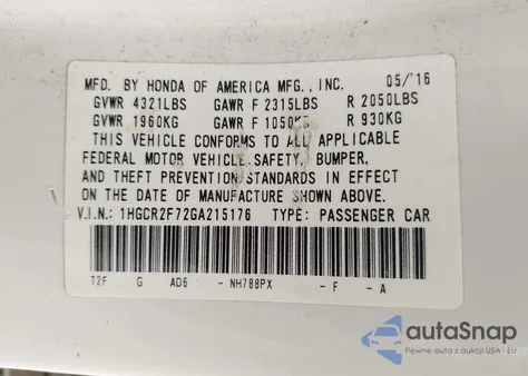 2016 Honda Accord Ex из США, поврежденный, VIN 1HGCR2F72GA215176